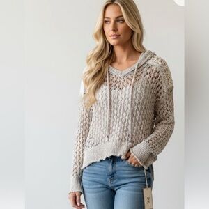 POL Women's Natural ‎ V-Neck Felaxed Hoddie Knit Crochet Sz Small